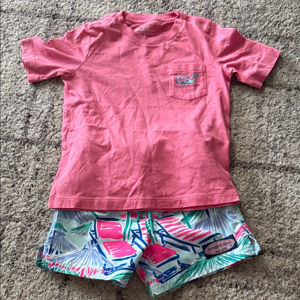 Vineyard Vines Kids Coral Pink Tee with Blue & Green Tropical Swim Trunks